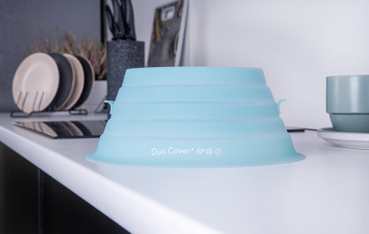 Duo Cover placed on the kitchen counter, silicone eco-friendly microwave cover