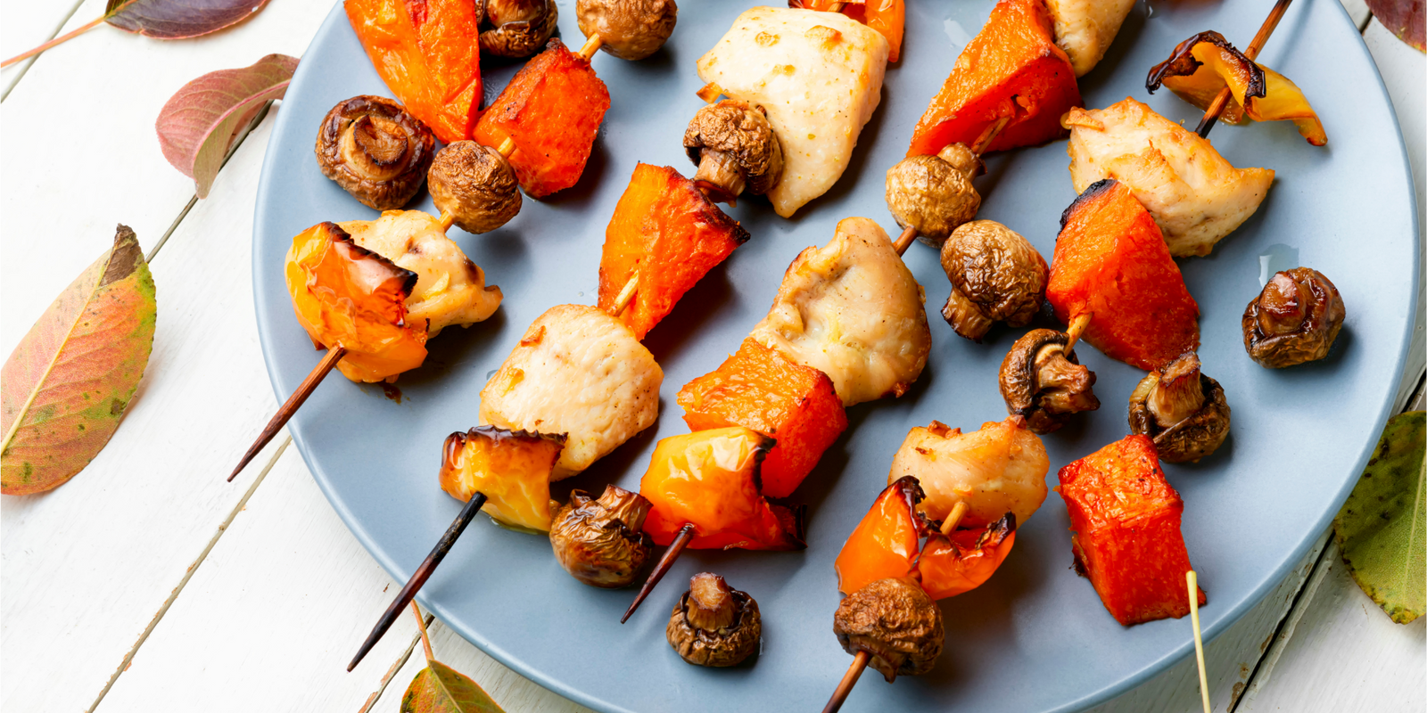  BBQ with chicken, pumpkin,pepper and mushrooms on a plate