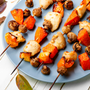  BBQ with chicken, pumpkin,pepper and mushrooms on a plate