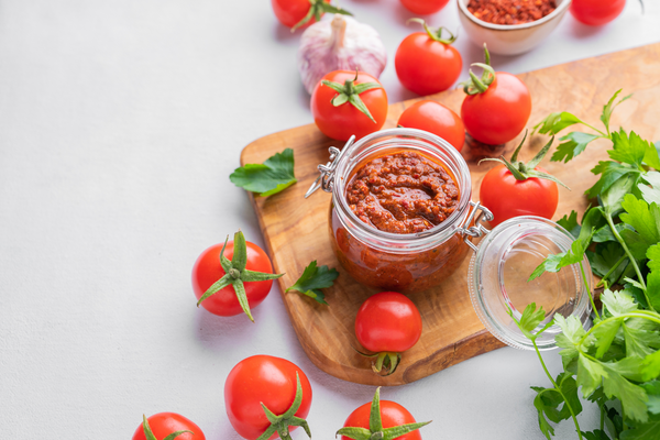 Traditional Mexican sauce Salsa with tomatoes and hot peppers on a light background with fresh herbs. Vegetarian food. Top view and copy space.