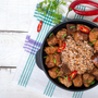 Roast pork with buckwheat. A dish in a slow cooker. Top view.
