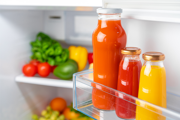 Glass bottle of juice on a fridge shelf, close up. Vegetables in the background.