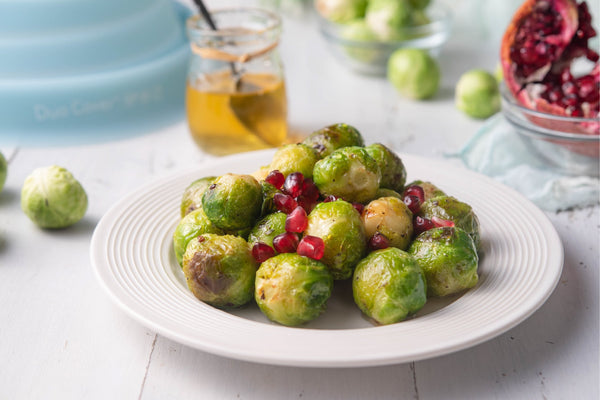 brussel sprouts cooked on the microwave with Duo Cover, reusable and sustainable microwave cover