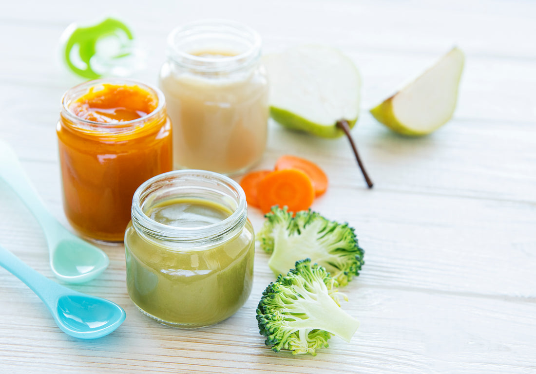 homemade baby food, assortment of fruit and vegetable puree, flat lay, top view.