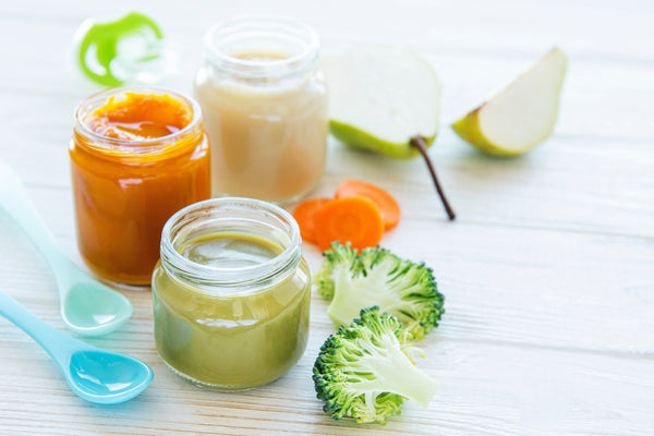 homemade baby food, assortment of fruit and vegetable puree, flat lay, top view.