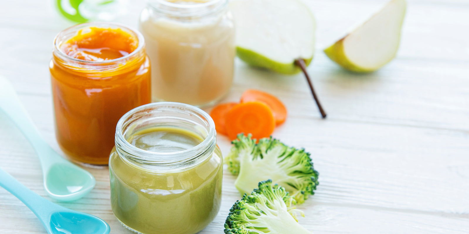 homemade baby food, assortment of fruit and vegetable puree, flat lay, top view.