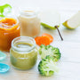 homemade baby food, assortment of fruit and vegetable puree, flat lay, top view.