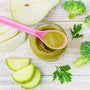 Homemade baby food in small jars. Selective focus