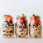 Healthy breakfast meal prep, mason jars with oats and fruits