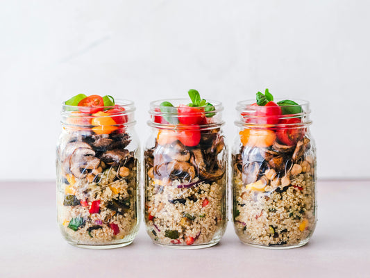 Healthy breakfast meal prep, mason jars with oats and fruits