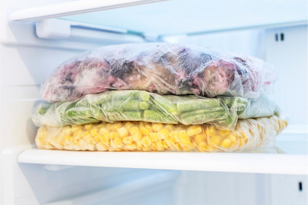 Shelf with frozen food in the refrigerator close up front view